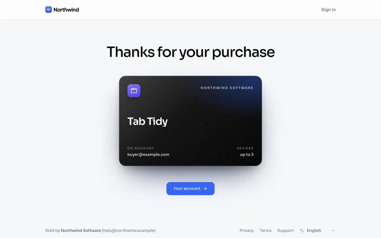 Paid, a page Toolaby hosts for Chrome extension payments: thanks, and the licence to keep